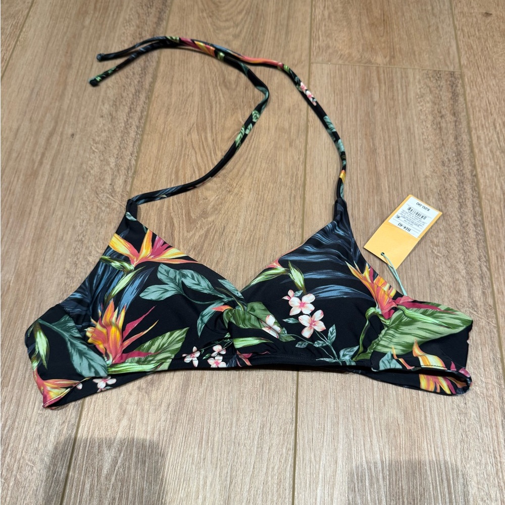 Kona Sol Black Tropical Floral Bikini Top